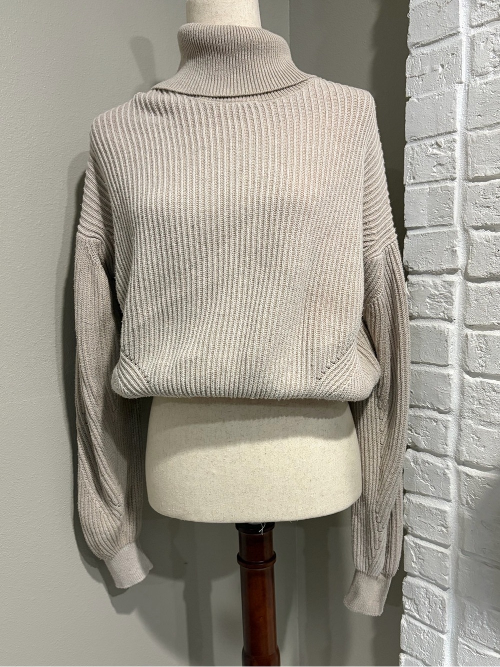 DKNY Turtleneck Ribbed Knit Sweater in Light Beige